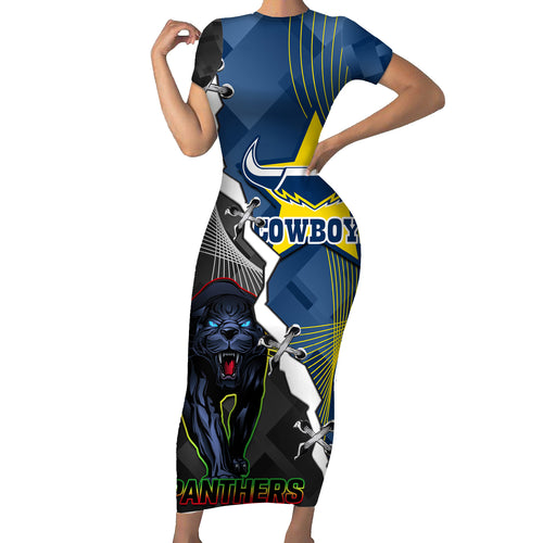 personalised-panthers-and-cowboys-rugby-family-matching-short-sleeve-bodycon-dress-and-hawaiian-shirt-sporty-version