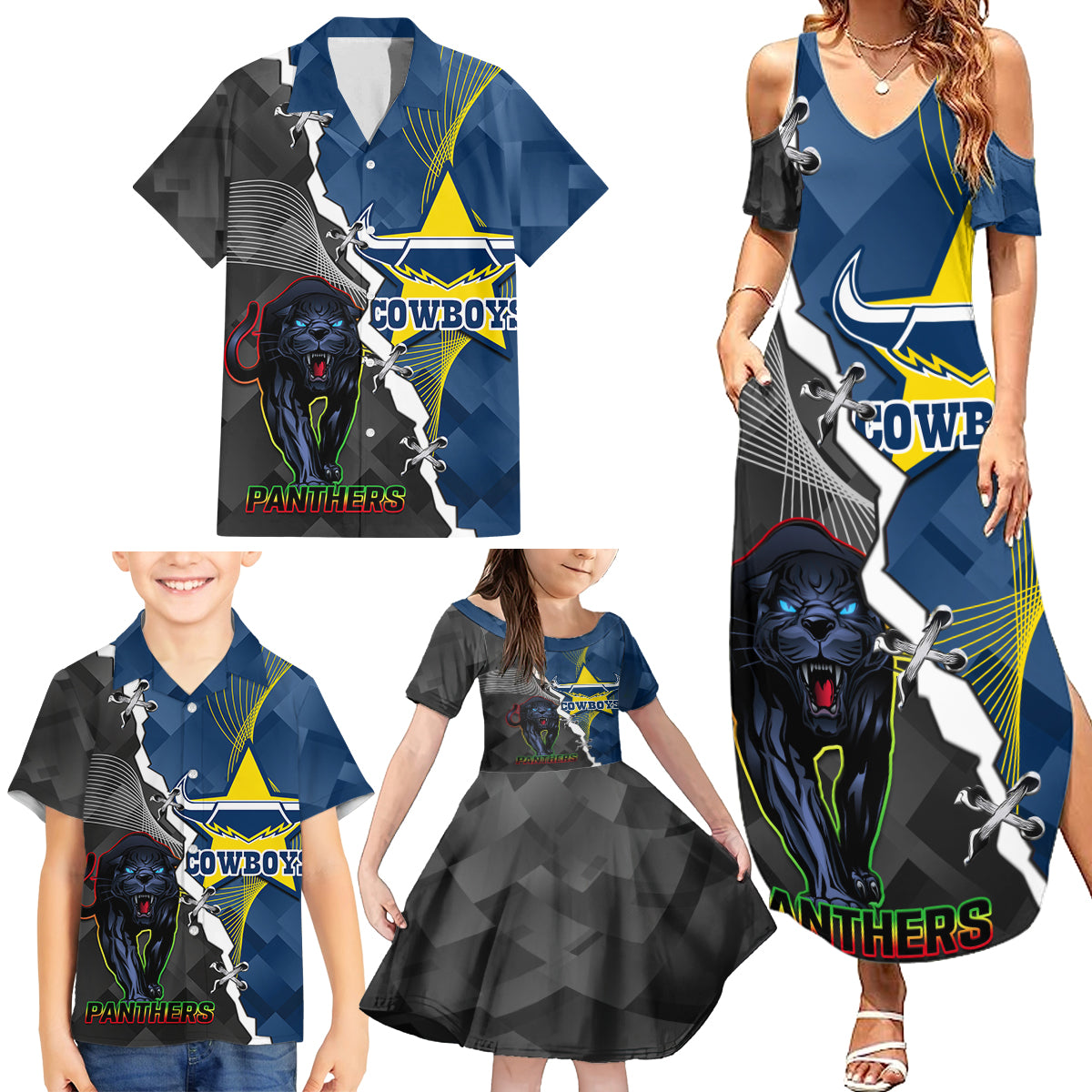 personalised-panthers-and-cowboys-rugby-family-matching-summer-maxi-dress-and-hawaiian-shirt-sporty-version