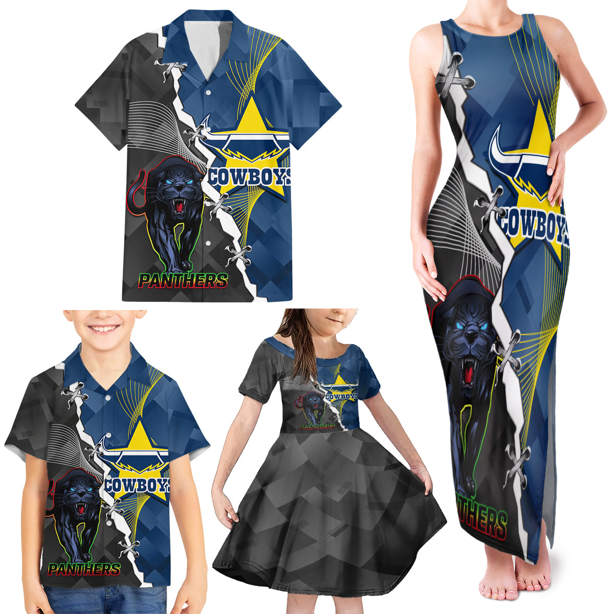 personalised-panthers-and-cowboys-rugby-family-matching-tank-maxi-dress-and-hawaiian-shirt-sporty-version