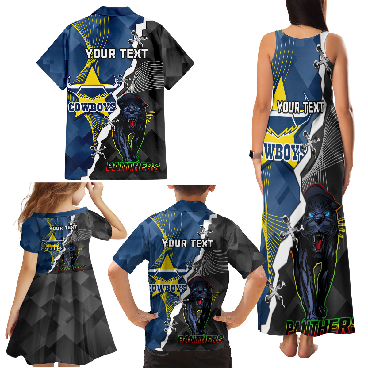personalised-panthers-and-cowboys-rugby-family-matching-tank-maxi-dress-and-hawaiian-shirt-sporty-version