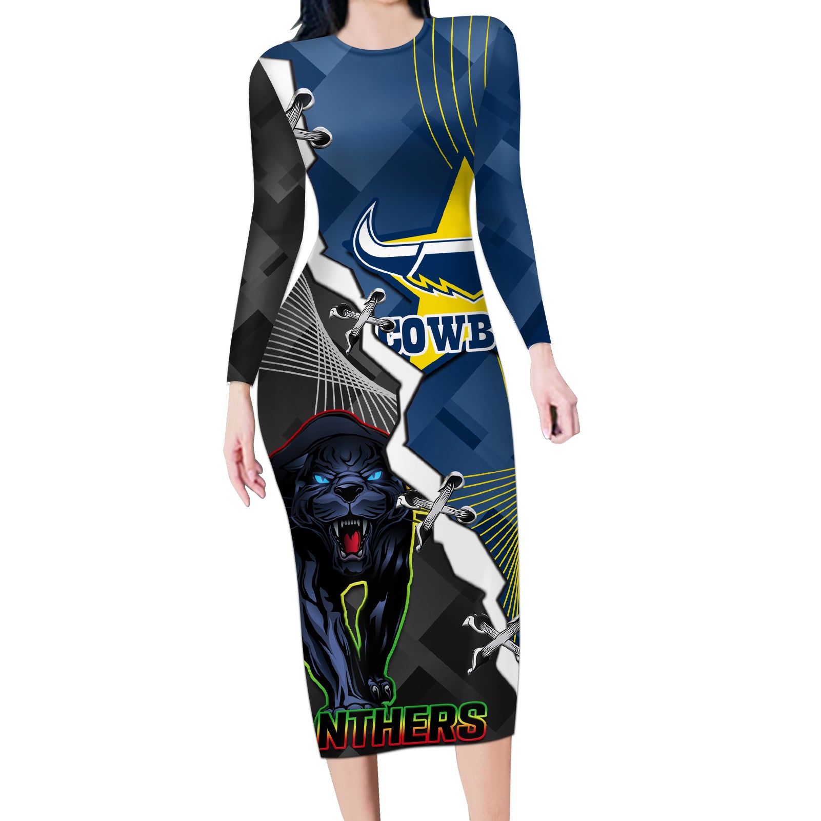 personalised-panthers-and-cowboys-rugby-long-sleeve-bodycon-dress-sporty-version