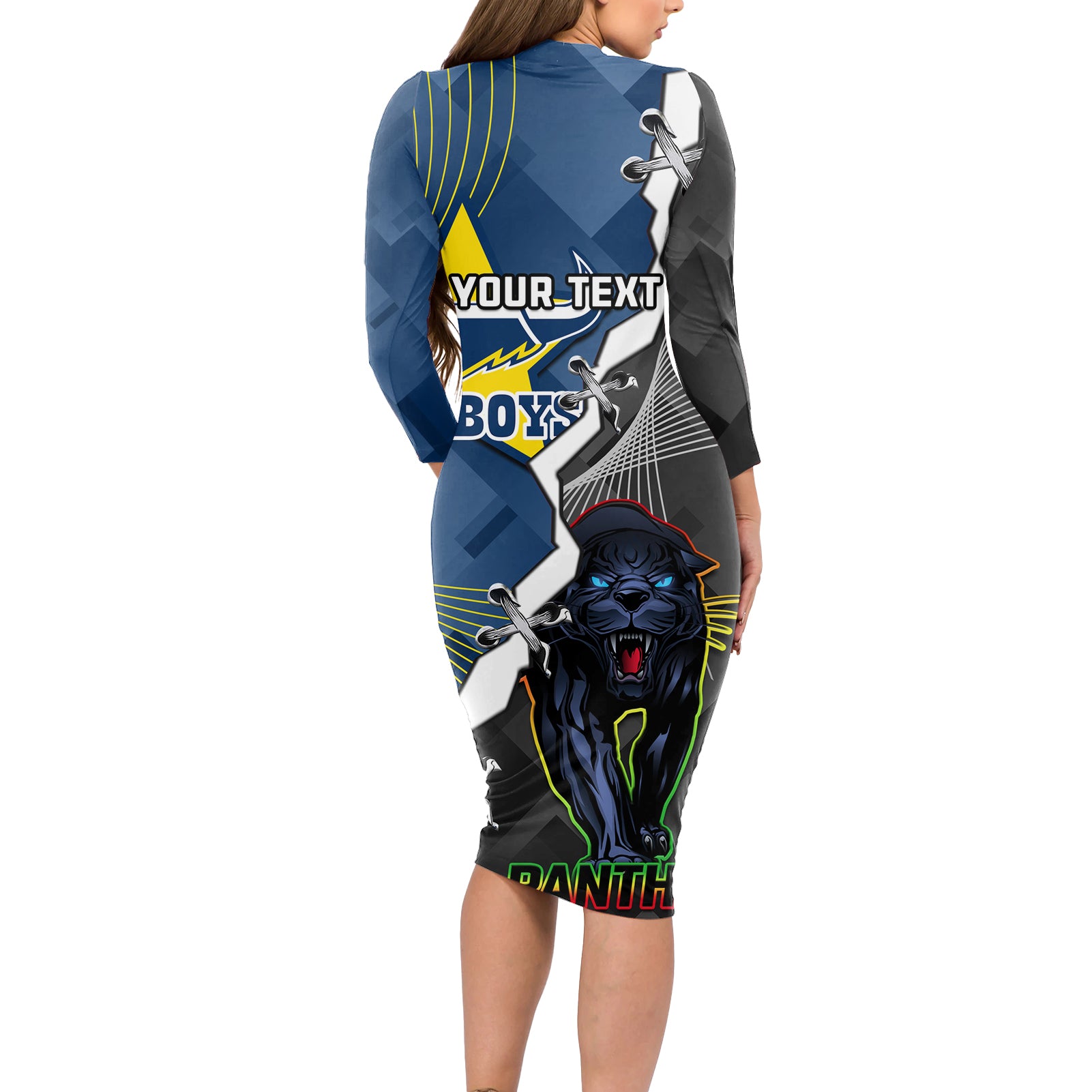 personalised-panthers-and-cowboys-rugby-long-sleeve-bodycon-dress-sporty-version