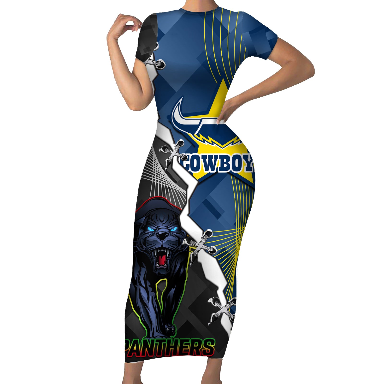 personalised-panthers-and-cowboys-rugby-short-sleeve-bodycon-dress-sporty-version