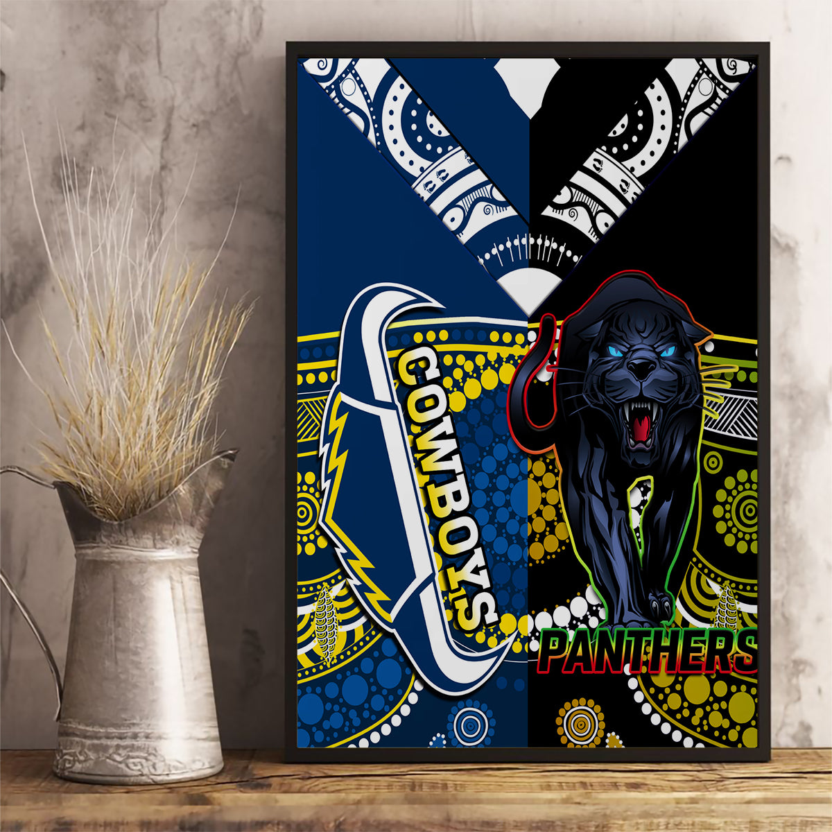 custom-panthers-and-cowboys-rugby-canvas-wall-art-aboriginal-version