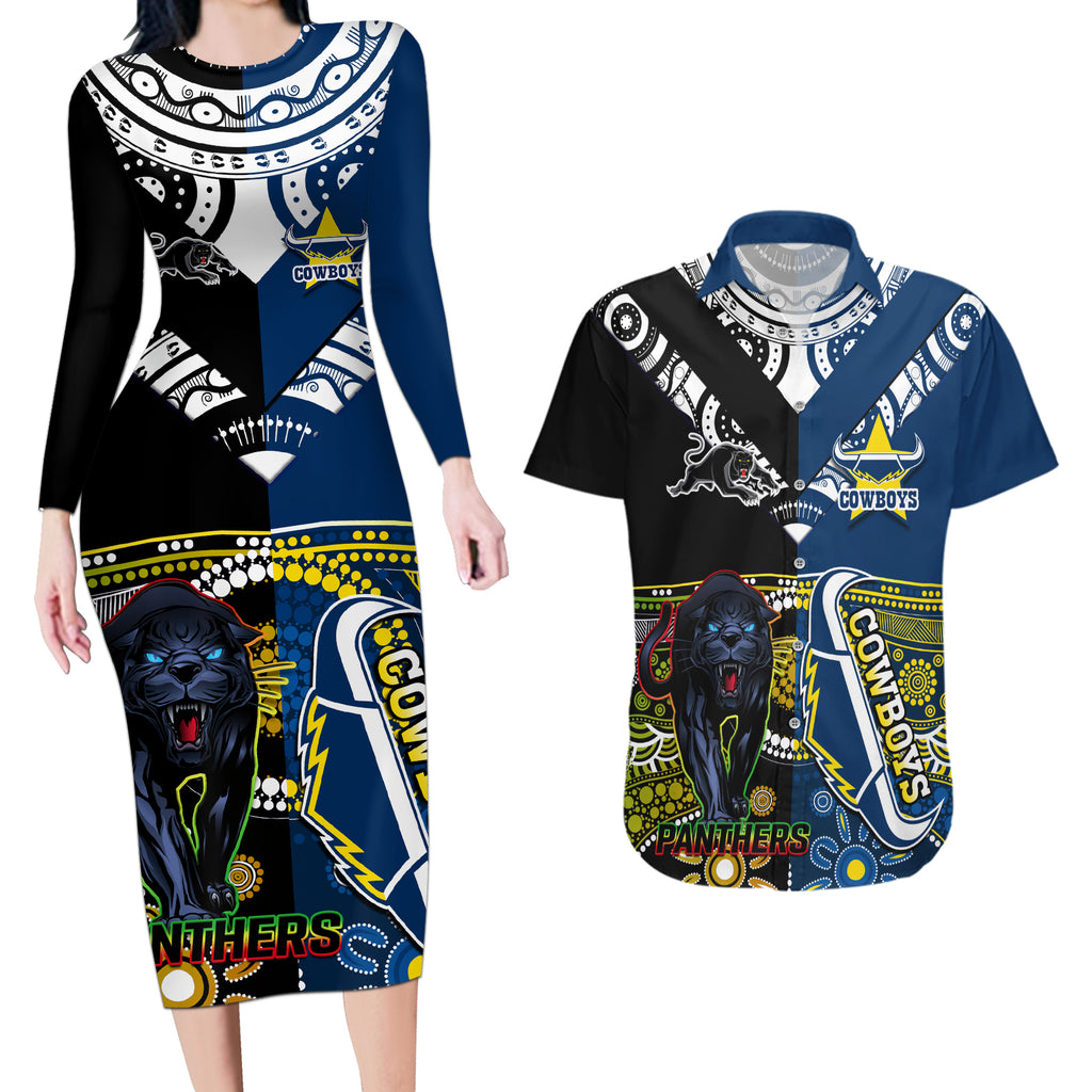 custom-panthers-and-cowboys-rugby-couples-matching-long-sleeve-bodycon-dress-and-hawaiian-shirt-aboriginal-version