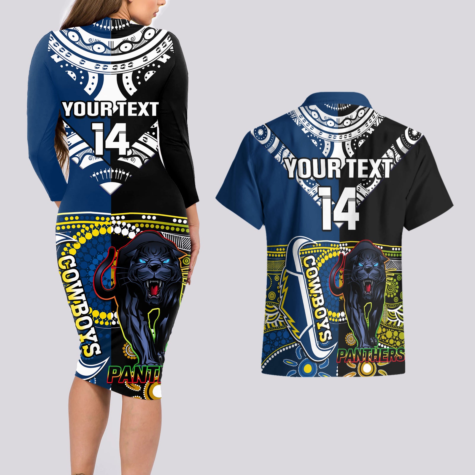 custom-panthers-and-cowboys-rugby-couples-matching-long-sleeve-bodycon-dress-and-hawaiian-shirt-aboriginal-version