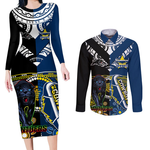 custom-panthers-and-cowboys-rugby-couples-matching-long-sleeve-bodycon-dress-and-long-sleeve-button-shirts-aboriginal-version