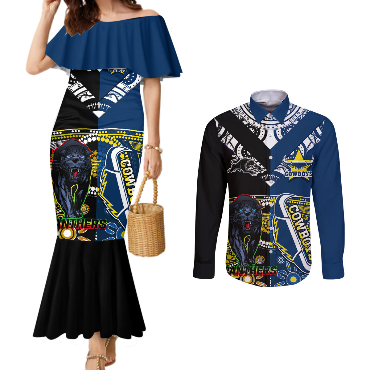 custom-panthers-and-cowboys-rugby-couples-matching-mermaid-dress-and-long-sleeve-button-shirts-aboriginal-version