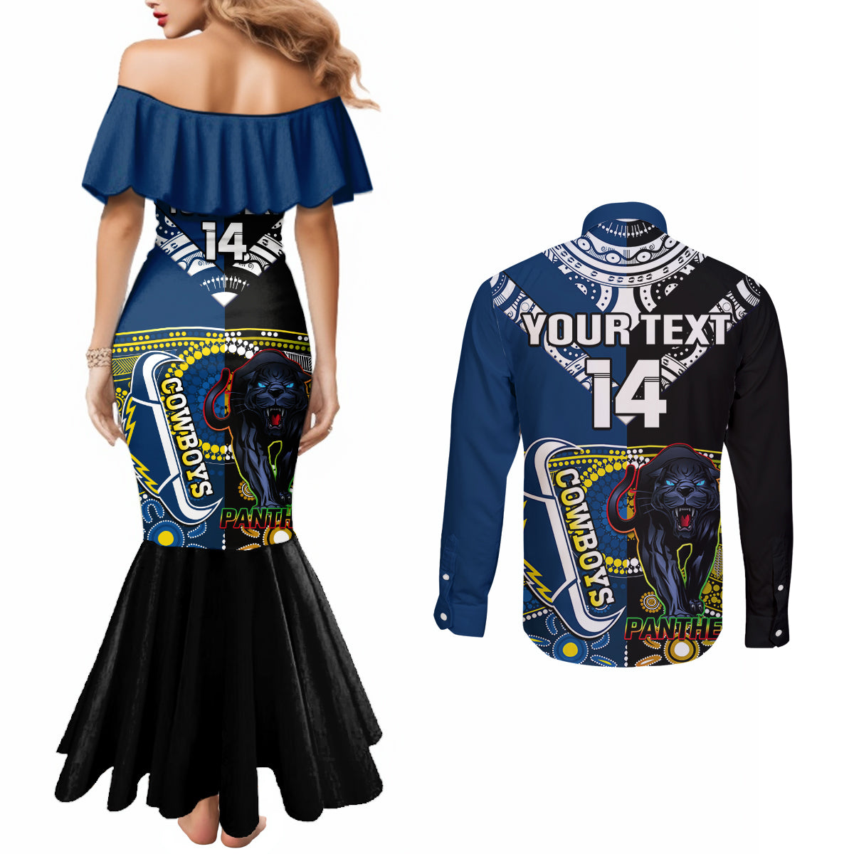 custom-panthers-and-cowboys-rugby-couples-matching-mermaid-dress-and-long-sleeve-button-shirts-aboriginal-version