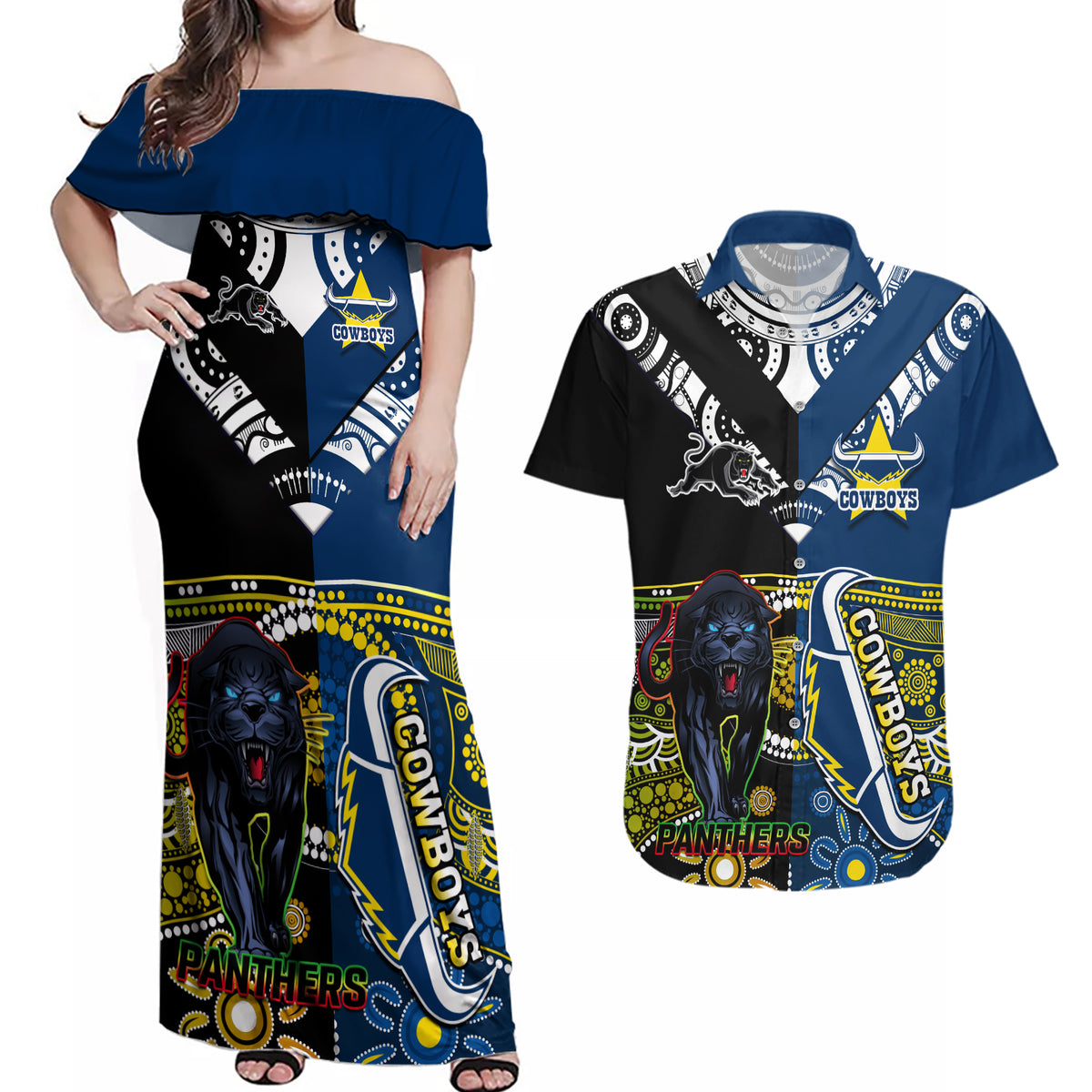 custom-panthers-and-cowboys-rugby-couples-matching-off-shoulder-maxi-dress-and-hawaiian-shirt-aboriginal-version
