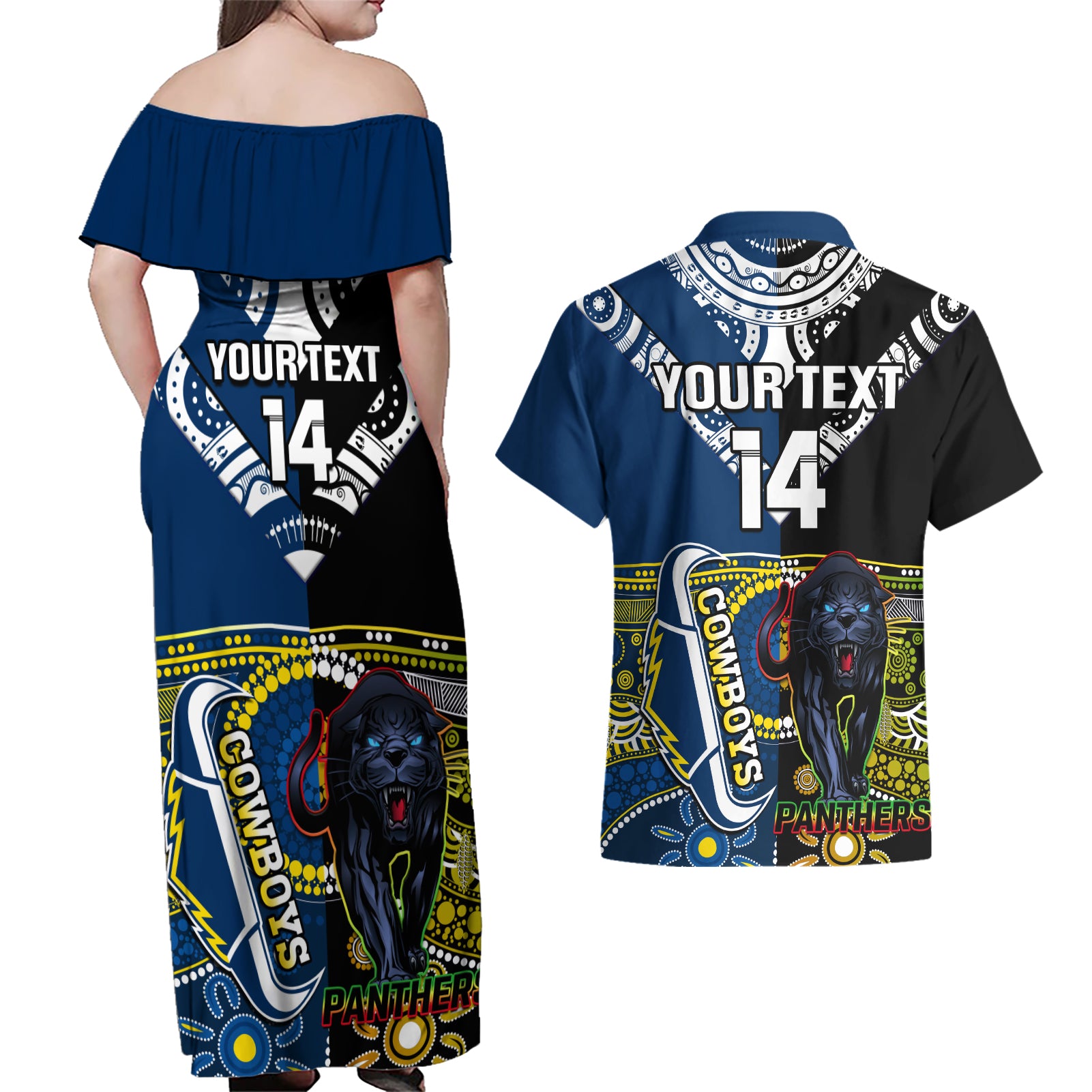 custom-panthers-and-cowboys-rugby-couples-matching-off-shoulder-maxi-dress-and-hawaiian-shirt-aboriginal-version
