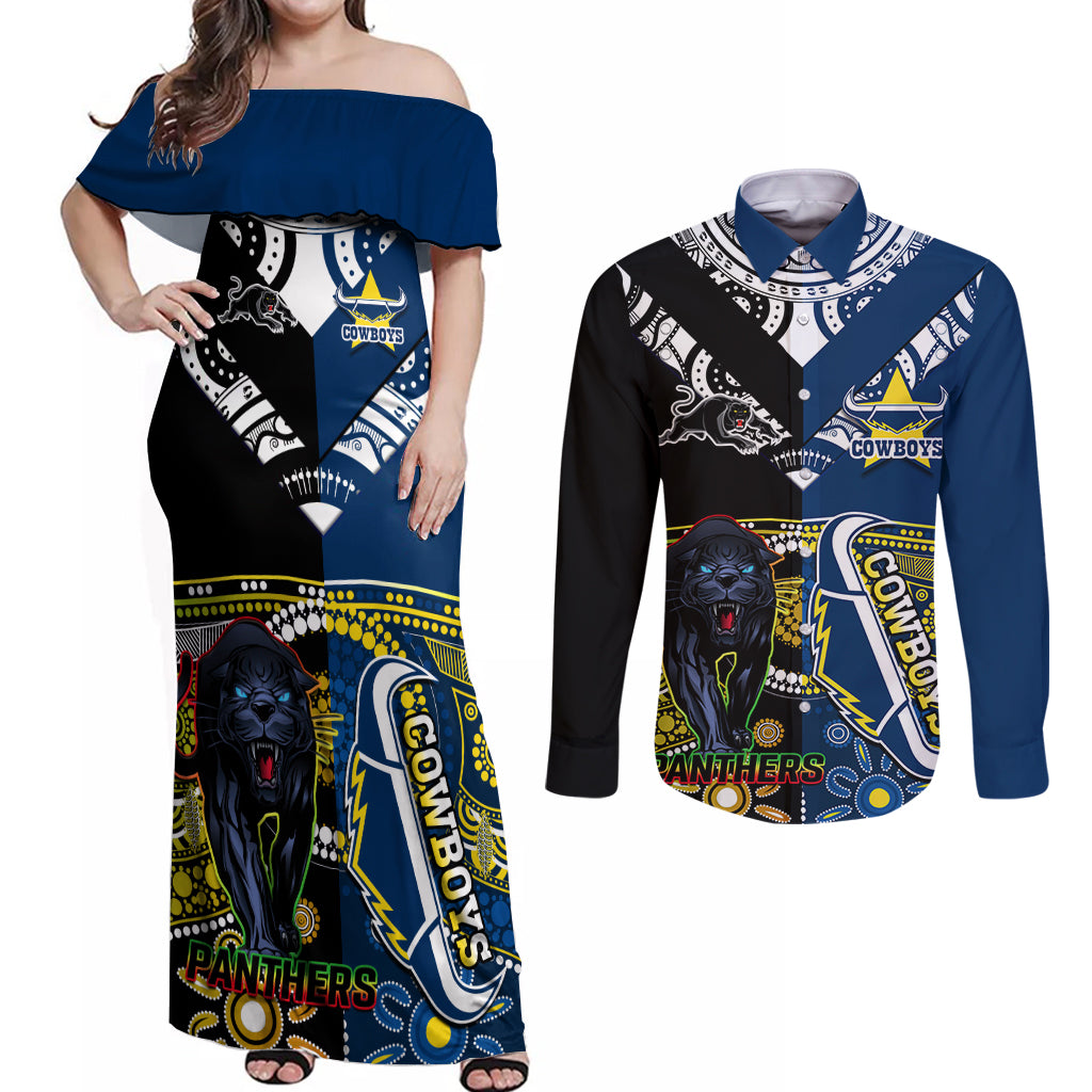 custom-panthers-and-cowboys-rugby-couples-matching-off-shoulder-maxi-dress-and-long-sleeve-button-shirts-aboriginal-version