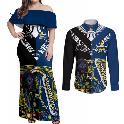 custom-panthers-and-cowboys-rugby-couples-matching-off-shoulder-maxi-dress-and-long-sleeve-button-shirts-aboriginal-version