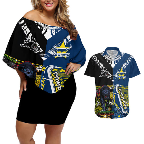 custom-panthers-and-cowboys-rugby-couples-matching-off-shoulder-short-dress-and-hawaiian-shirt-aboriginal-version