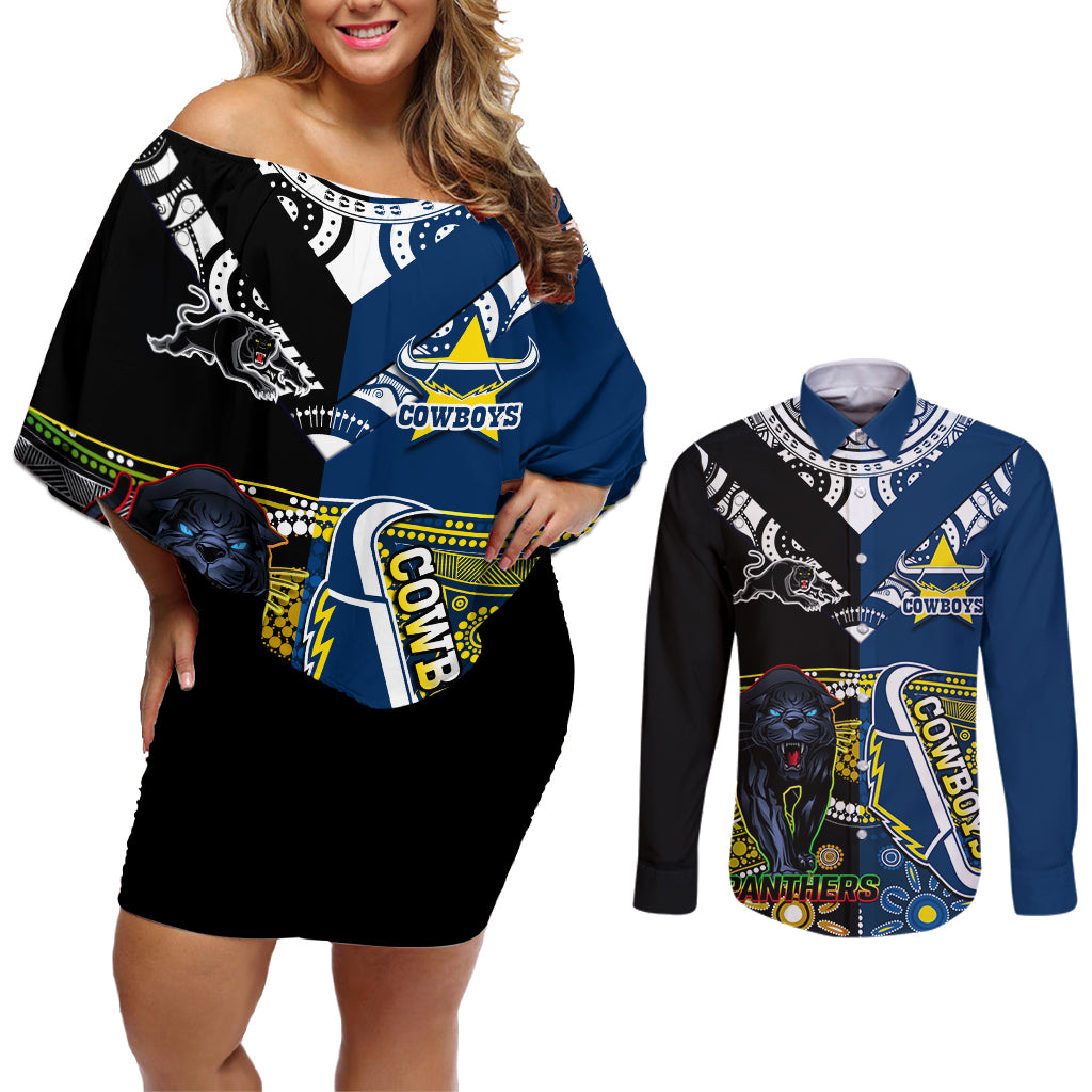 custom-panthers-and-cowboys-rugby-couples-matching-off-shoulder-short-dress-and-long-sleeve-button-shirts-aboriginal-version