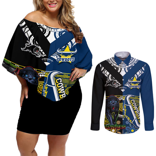custom-panthers-and-cowboys-rugby-couples-matching-off-shoulder-short-dress-and-long-sleeve-button-shirts-aboriginal-version