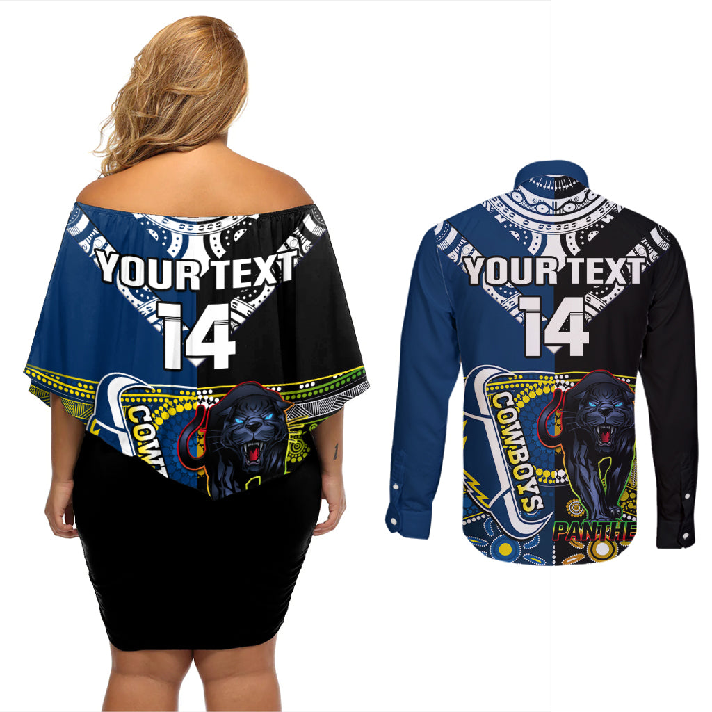 custom-panthers-and-cowboys-rugby-couples-matching-off-shoulder-short-dress-and-long-sleeve-button-shirts-aboriginal-version