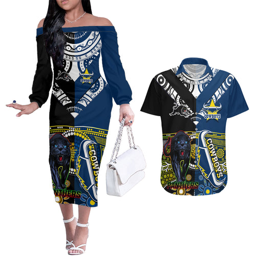 custom-panthers-and-cowboys-rugby-couples-matching-off-the-shoulder-long-sleeve-dress-and-hawaiian-shirt-aboriginal-version