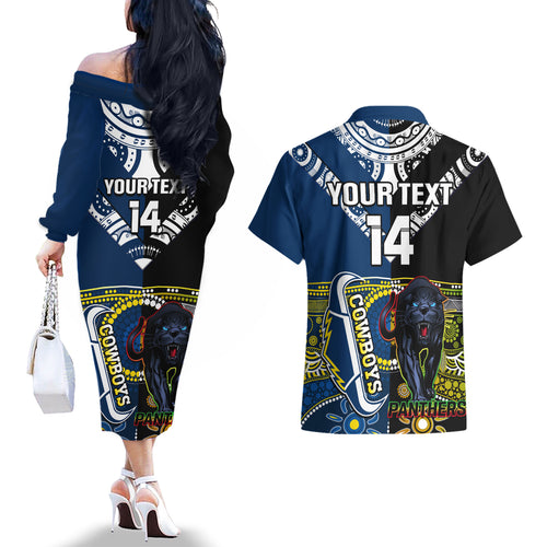 custom-panthers-and-cowboys-rugby-couples-matching-off-the-shoulder-long-sleeve-dress-and-hawaiian-shirt-aboriginal-version