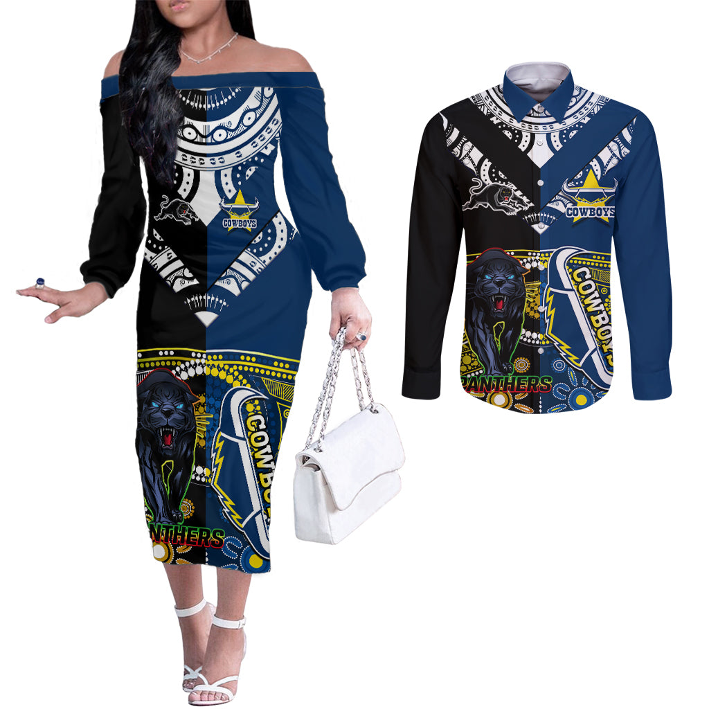 custom-panthers-and-cowboys-rugby-couples-matching-off-the-shoulder-long-sleeve-dress-and-long-sleeve-button-shirts-aboriginal-version