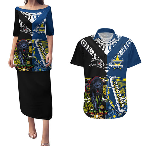 custom-panthers-and-cowboys-rugby-couples-matching-puletasi-dress-and-hawaiian-shirt-aboriginal-version