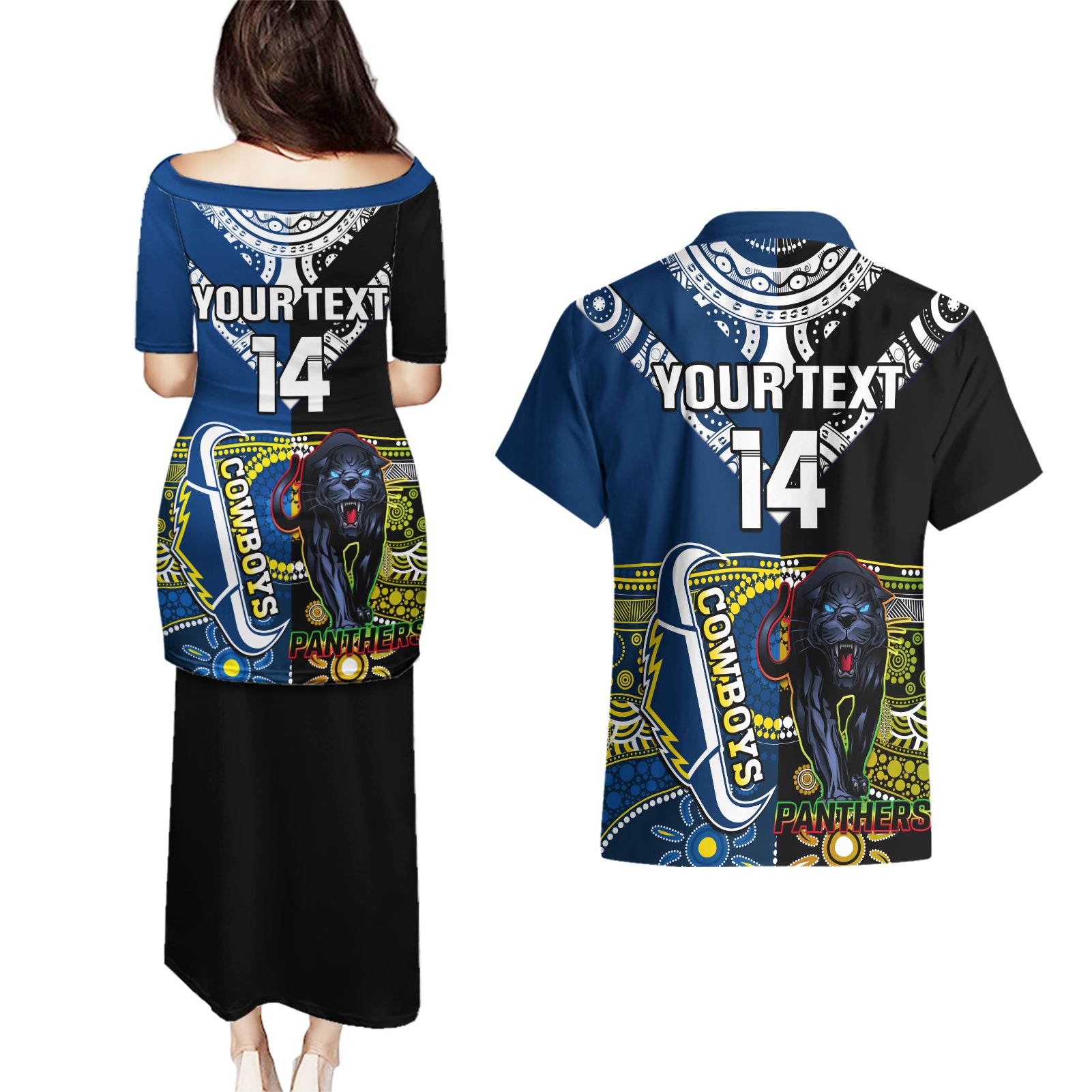 custom-panthers-and-cowboys-rugby-couples-matching-puletasi-dress-and-hawaiian-shirt-aboriginal-version