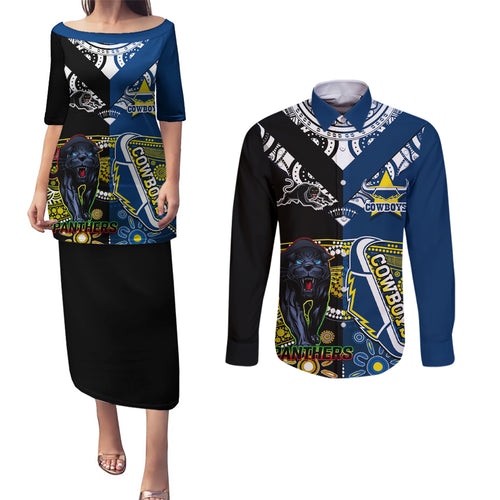 custom-panthers-and-cowboys-rugby-couples-matching-puletasi-dress-and-long-sleeve-button-shirts-aboriginal-version