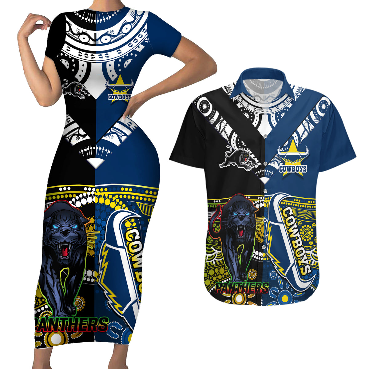 custom-panthers-and-cowboys-rugby-couples-matching-short-sleeve-bodycon-dress-and-hawaiian-shirt-aboriginal-version