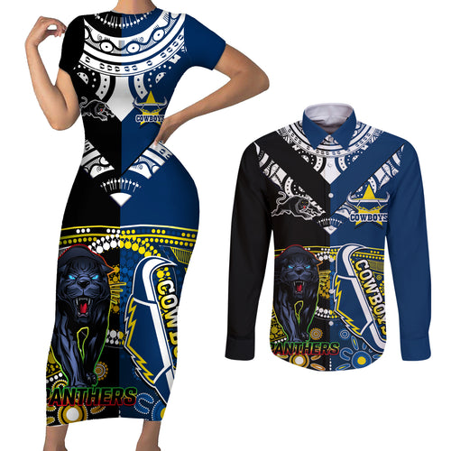 custom-panthers-and-cowboys-rugby-couples-matching-short-sleeve-bodycon-dress-and-long-sleeve-button-shirts-aboriginal-version