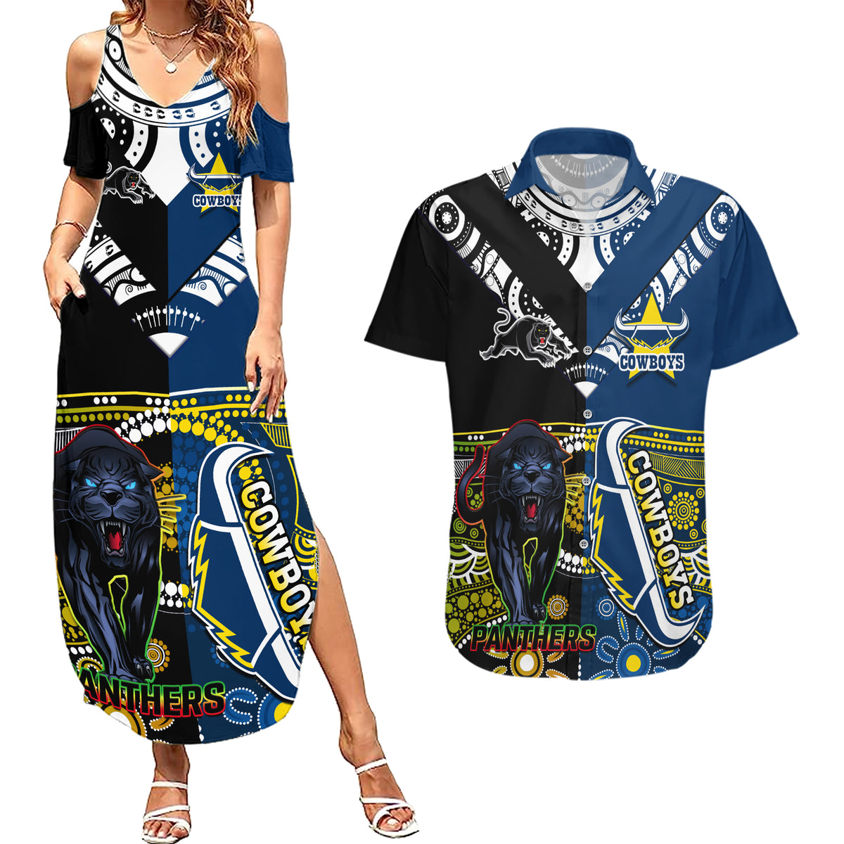 custom-panthers-and-cowboys-rugby-couples-matching-summer-maxi-dress-and-hawaiian-shirt-aboriginal-version