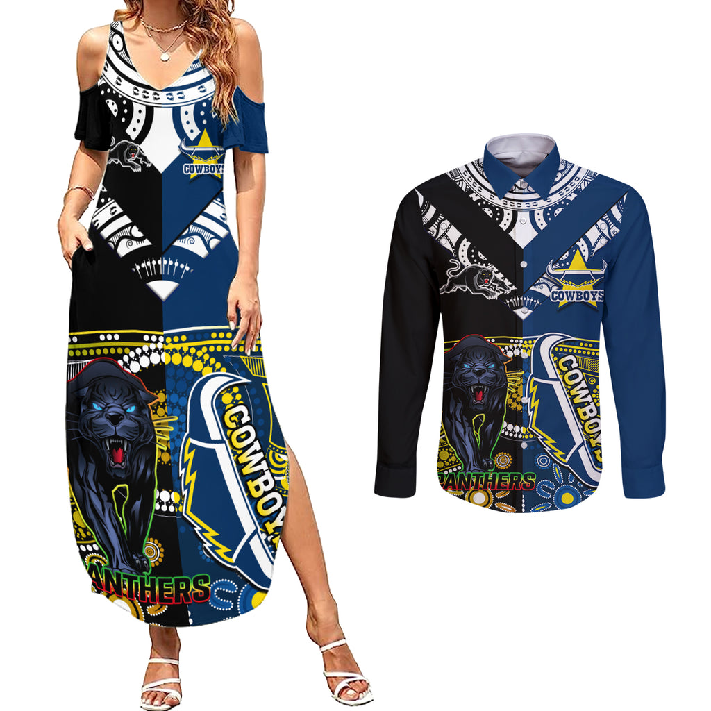 custom-panthers-and-cowboys-rugby-couples-matching-summer-maxi-dress-and-long-sleeve-button-shirts-aboriginal-version
