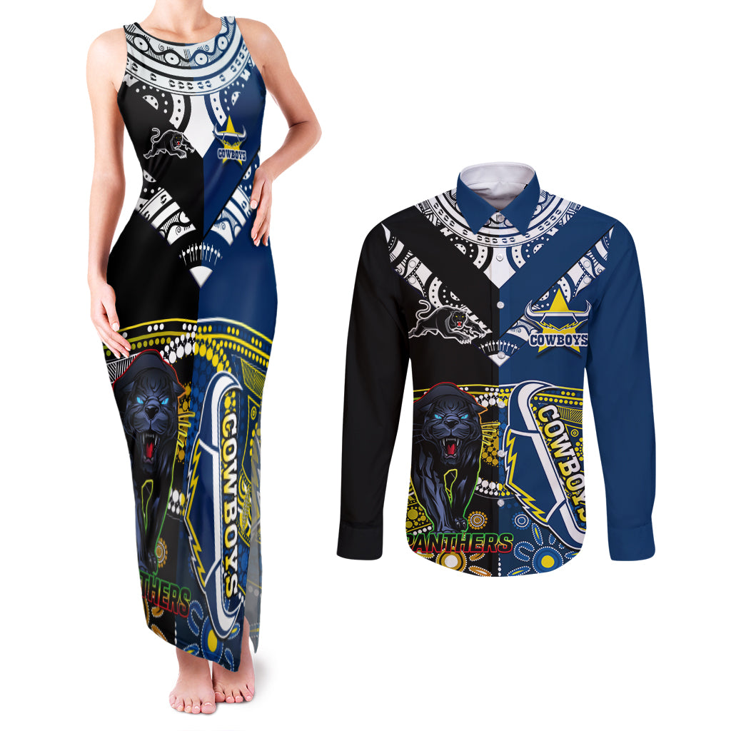 custom-panthers-and-cowboys-rugby-couples-matching-tank-maxi-dress-and-long-sleeve-button-shirts-aboriginal-version