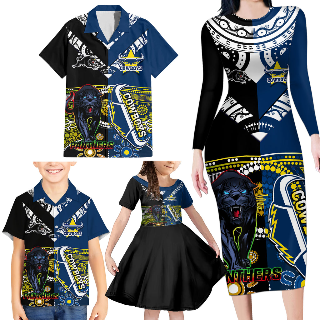 custom-panthers-and-cowboys-rugby-family-matching-long-sleeve-bodycon-dress-and-hawaiian-shirt-aboriginal-version