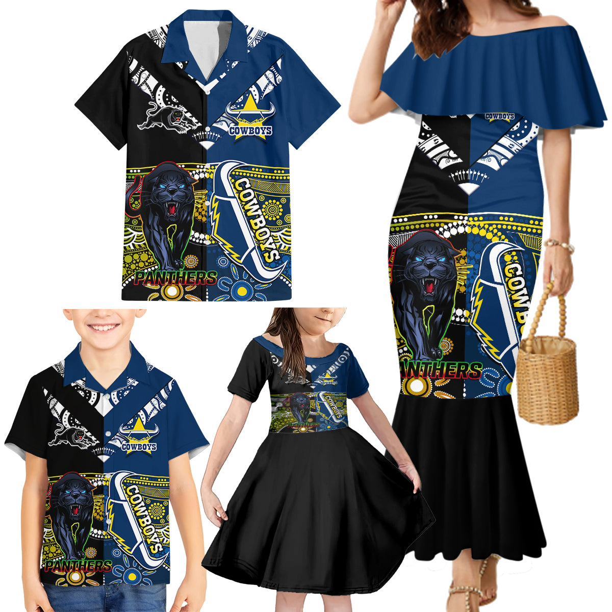 custom-panthers-and-cowboys-rugby-family-matching-mermaid-dress-and-hawaiian-shirt-aboriginal-version