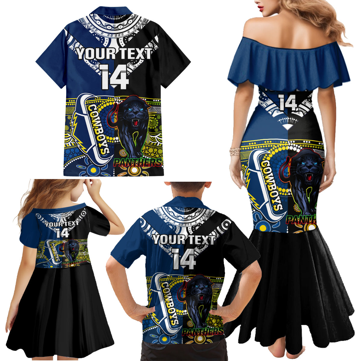 custom-panthers-and-cowboys-rugby-family-matching-mermaid-dress-and-hawaiian-shirt-aboriginal-version