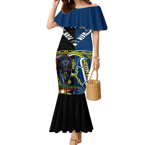 custom-panthers-and-cowboys-rugby-family-matching-mermaid-dress-and-hawaiian-shirt-aboriginal-version