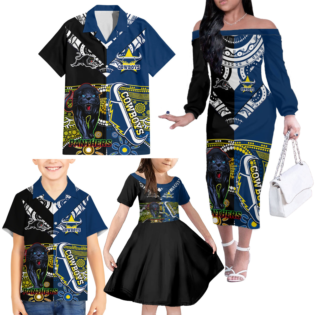 custom-panthers-and-cowboys-rugby-family-matching-off-shoulder-long-sleeve-dress-and-hawaiian-shirt-aboriginal-version