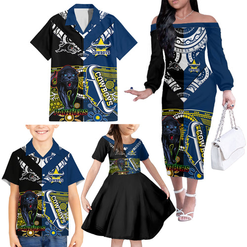 custom-panthers-and-cowboys-rugby-family-matching-off-shoulder-long-sleeve-dress-and-hawaiian-shirt-aboriginal-version