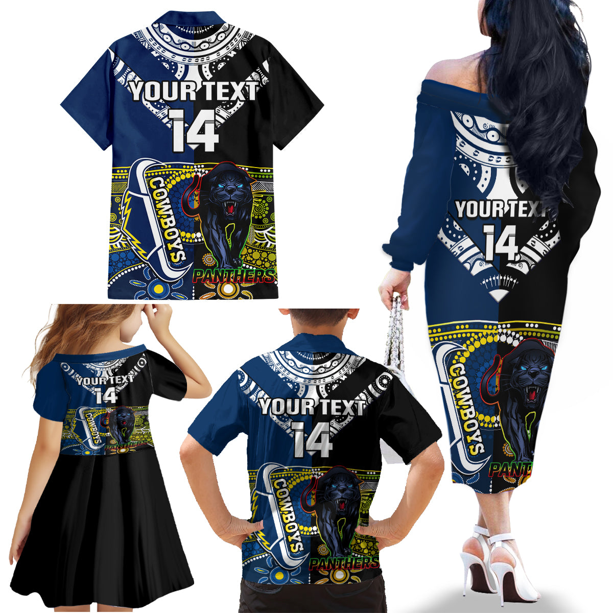 custom-panthers-and-cowboys-rugby-family-matching-off-shoulder-long-sleeve-dress-and-hawaiian-shirt-aboriginal-version
