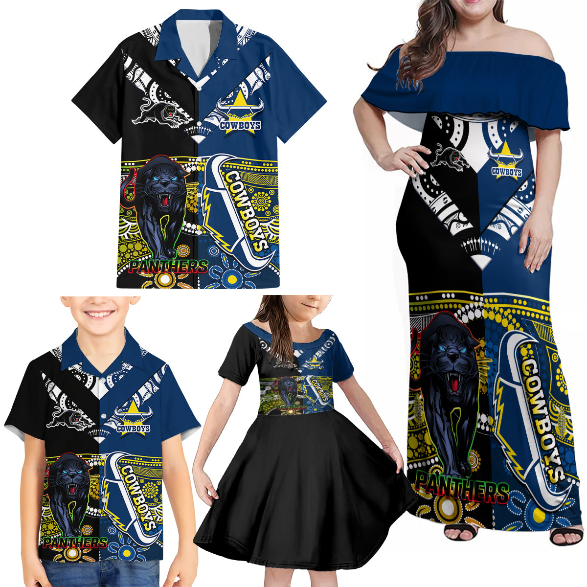 custom-panthers-and-cowboys-rugby-family-matching-off-shoulder-maxi-dress-and-hawaiian-shirt-aboriginal-version