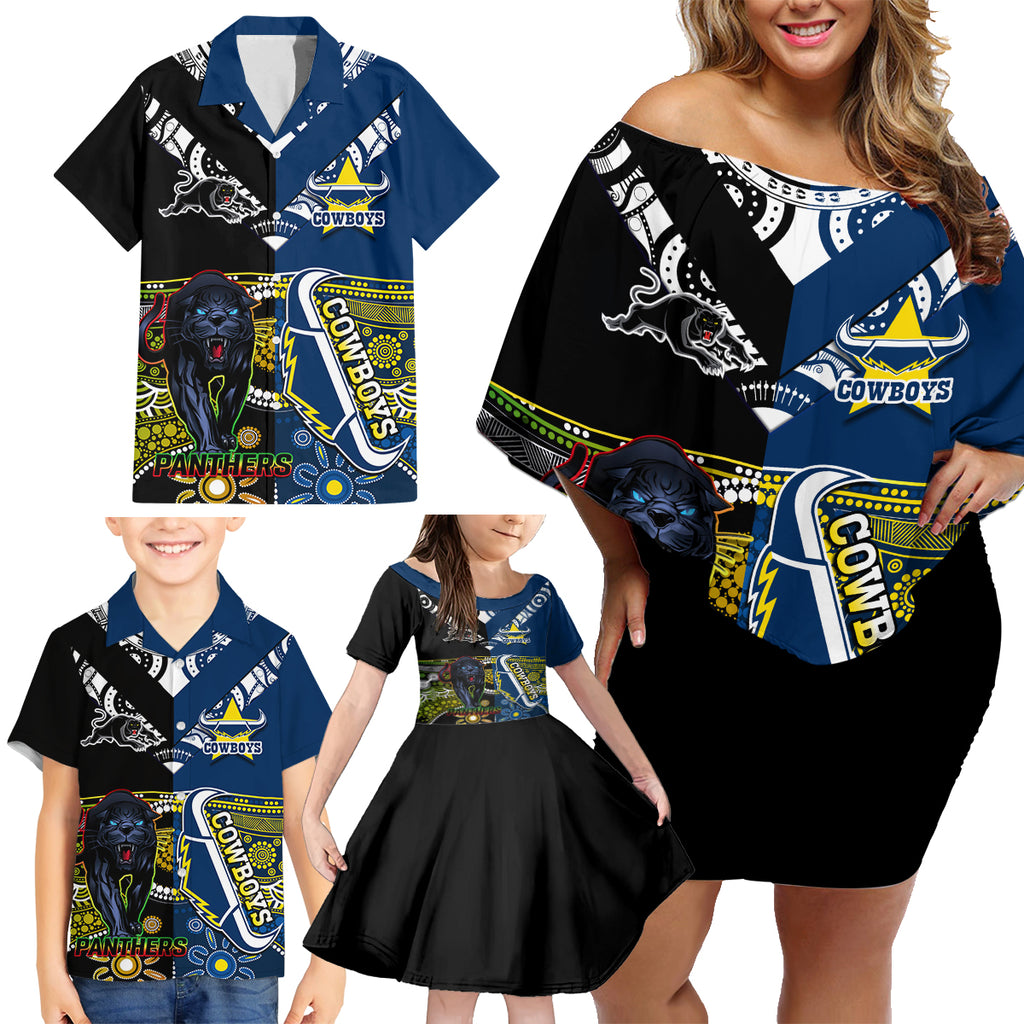 custom-panthers-and-cowboys-rugby-family-matching-off-shoulder-short-dress-and-hawaiian-shirt-aboriginal-version