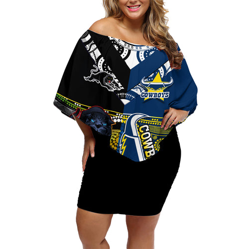custom-panthers-and-cowboys-rugby-family-matching-off-shoulder-short-dress-and-hawaiian-shirt-aboriginal-version