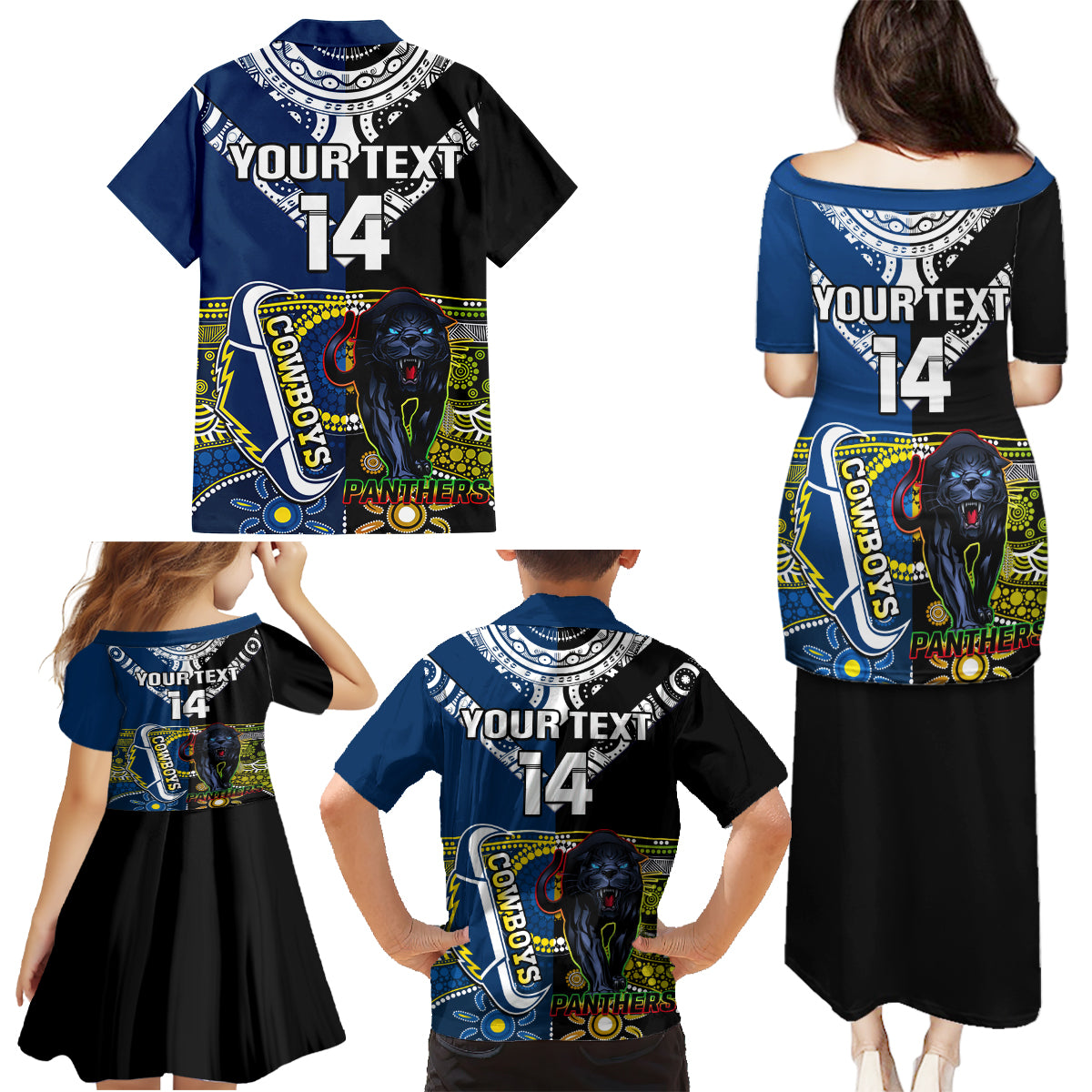 custom-panthers-and-cowboys-rugby-family-matching-puletasi-dress-and-hawaiian-shirt-aboriginal-version