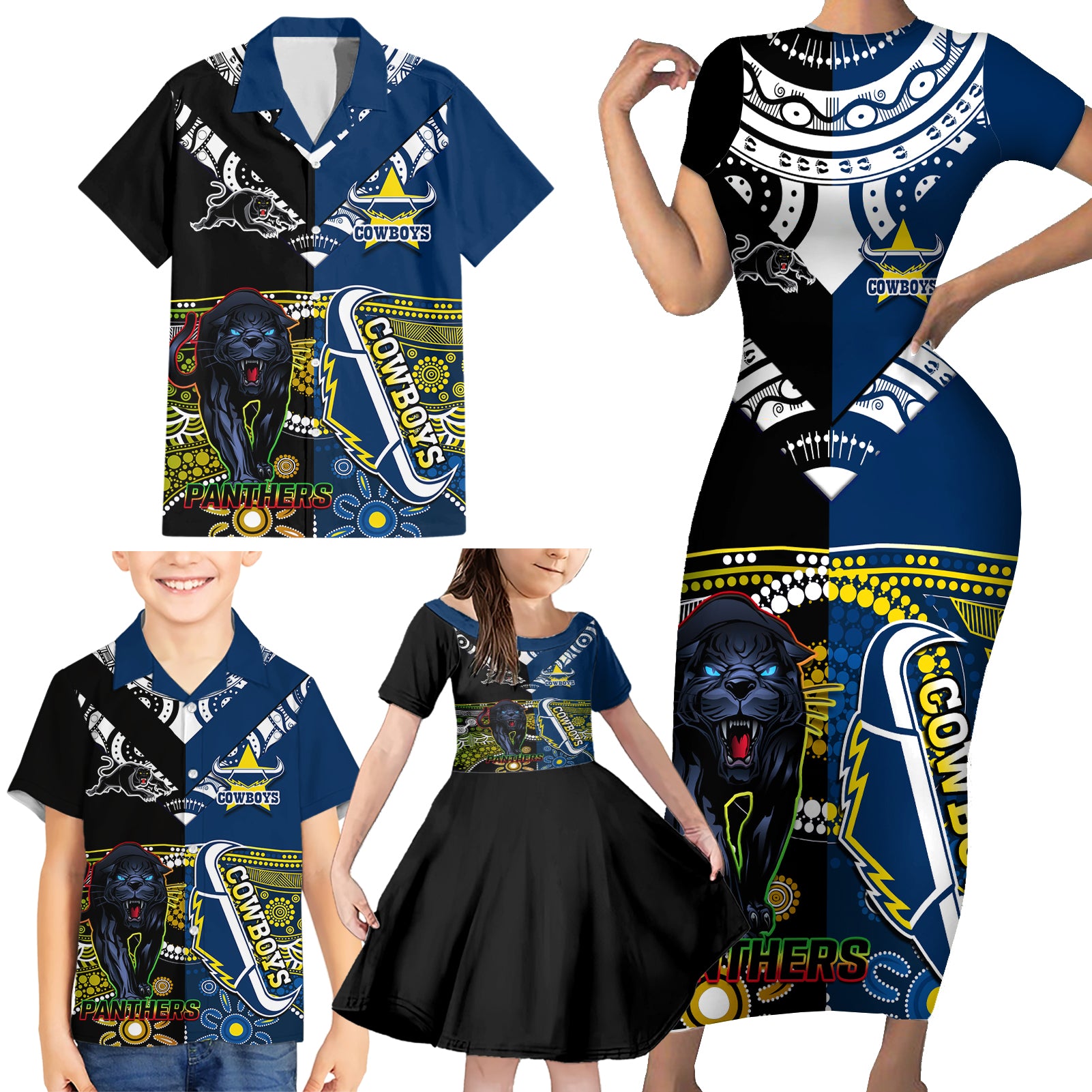 custom-panthers-and-cowboys-rugby-family-matching-short-sleeve-bodycon-dress-and-hawaiian-shirt-aboriginal-version