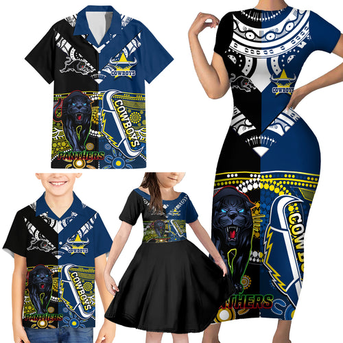 custom-panthers-and-cowboys-rugby-family-matching-short-sleeve-bodycon-dress-and-hawaiian-shirt-aboriginal-version