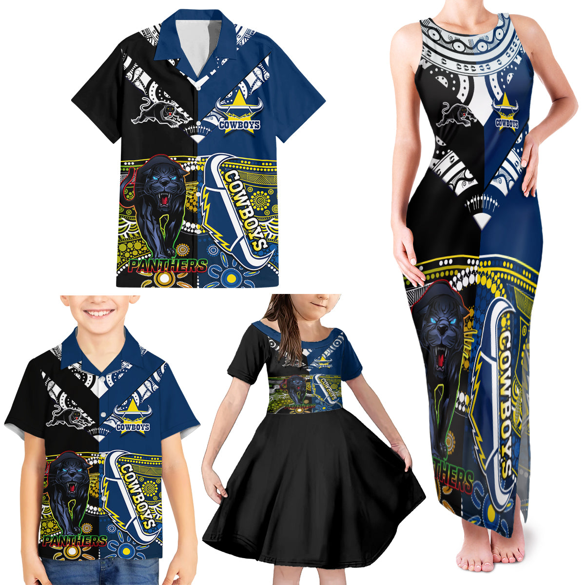 custom-panthers-and-cowboys-rugby-family-matching-tank-maxi-dress-and-hawaiian-shirt-aboriginal-version