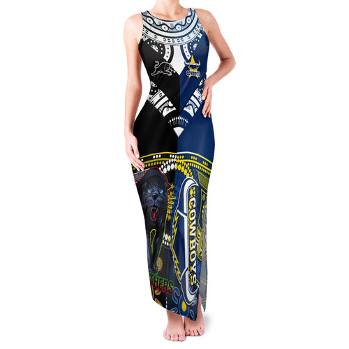 custom-panthers-and-cowboys-rugby-family-matching-tank-maxi-dress-and-hawaiian-shirt-aboriginal-version