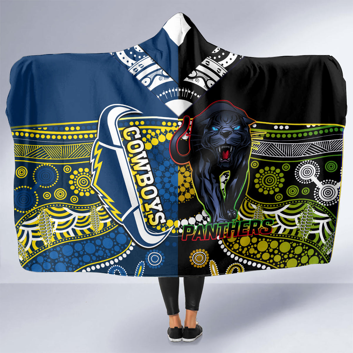 custom-panthers-and-cowboys-rugby-hooded-blanket-aboriginal-version