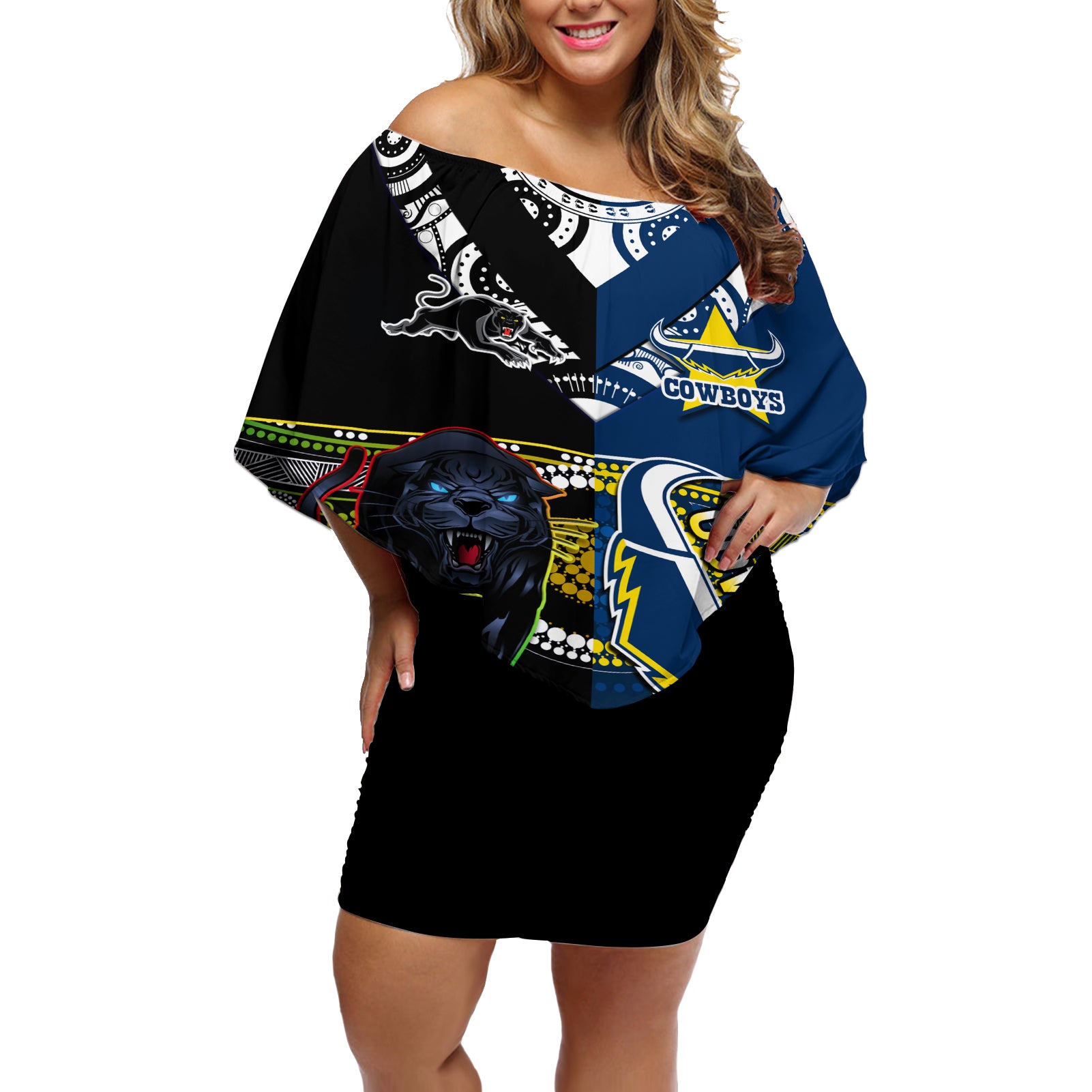 custom-panthers-and-cowboys-rugby-off-shoulder-short-dress-aboriginal-version