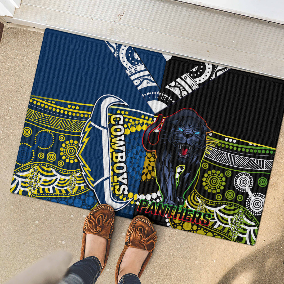 custom-panthers-and-cowboys-rugby-rubber-doormat-aboriginal-version